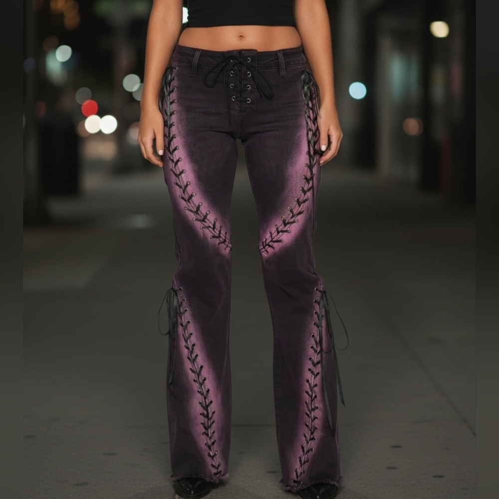 Fashion Nova Purple On The Scene Lace Up Stretch Flare Jeans NWT